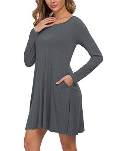 AUSELILY Long Sleeve Casual Swing T-Shirt Dresses with Pockets