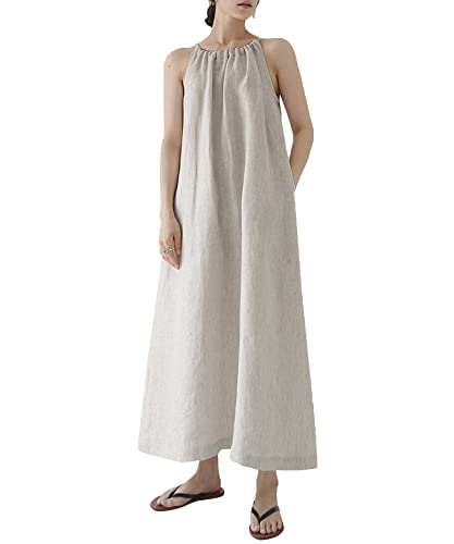 Amazhiyu Linen Halter Sleeveless Maxi Dress